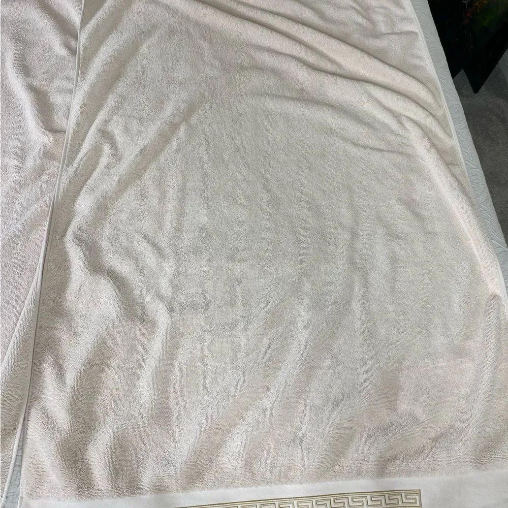 Luxurious Vtg Cream Bath Towels with Gold Greek Embroidered Accent